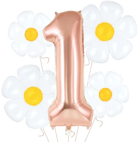 5 Pcs Giant Dasiy Number 1 Mylar Balloons 40 Inch Rose Gold Number 1 Foil Balloon White Daisy Flower Birthday Party Decoration Supply