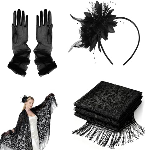 LZPLJLWS Eleganter Bolero und Schal für Damen, Hochzeit, Abendveranstaltung, Set mit 1 Schal, Spitze, Schwarz oder Weiß, 1 Paar Handschuhe, 1 Haar-Accessoire, Blume, Größe 185 x 65 cm – vielseitiges
