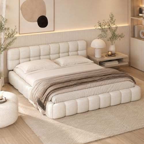 LKPOMI Polsterbett Bubble Bett 140x190, Doppelbett mit Weiches Kopfteil, Jugendbett Bettgestell mit Lattenrost, Leinen, ohne Matratze (Beige, 140 x 190 cm)