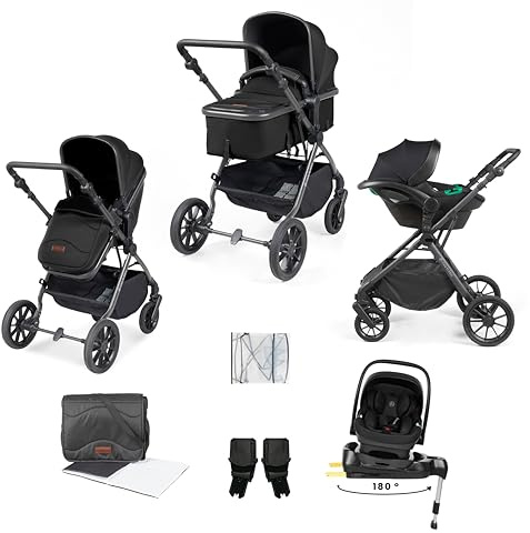 Ickle Bubba Cosmo 9-teiliges Reisesystem mit i-Size Nimbus-Autositz und 180° drehbarer ISOFIX-Basis – von der Geburt bis 22 kg (ca. 4 Jahre) (Schwarz)