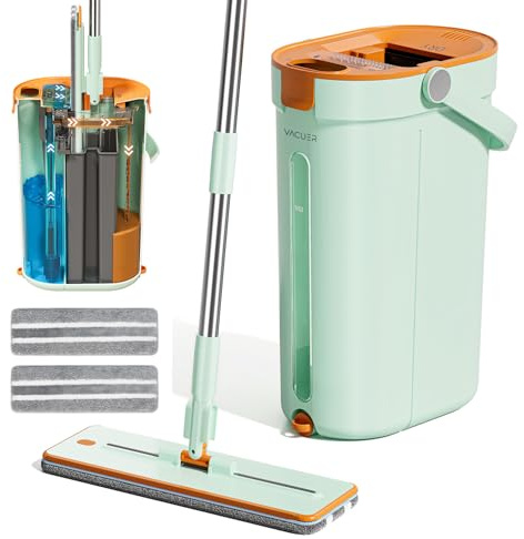 Balai Serpillière Essoreur Plat 3 Réservoirs K1-Pro, Réelle Séparation Eau Propre Et Sale, Nettoyage Hygiénique sans Effort, Jet & Brosse, Manche INOX, Tête XL, Microfibres Lavables, Marque Française