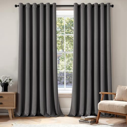 EMEMA Verdunklungsvorhänge mit Ösen 2er 200x245cm Grau Blickdicht Gardinen | Blickdicht Vorhänge mit Ösen 245CM Lang bdunkelnde Thermovorhang für Wohnzimmer Schlafzimmer Ösenvorhänge H245xB200CM