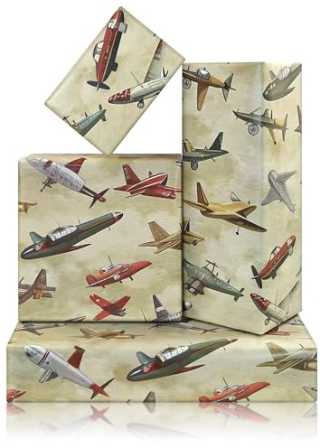 Geschenkpapier für Flugzeug, 4 Bögen Kampfjet, Militärflugzeug, gefaltet, Vintage-Geschenkpapier für Männer, Geburtstag, Luftfahrt-Enthusiasten, Piloten, Veteranen, 50 x 70 cm