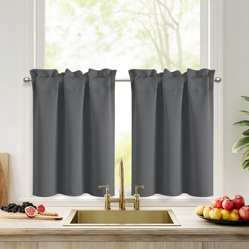 DWCN Dunkel Grau Kurze Scheibengardinen Blickdichte Küche H60xB60cm 2 Stück | Thermogardine Abdunkelnd Vorhang, Bistrogardine mit Stangedurchzug für Kinderzimmer Schrankvorhang Badezimmer Landhaus Keller