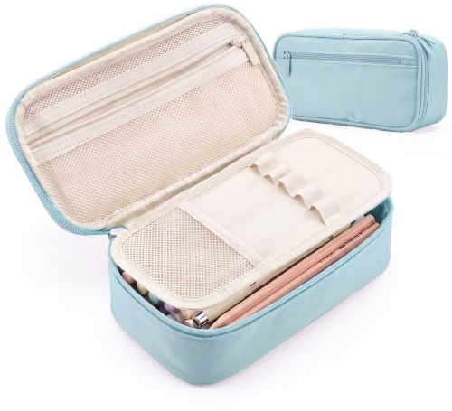 WEMATE Federmäppchen Federtaschen Mäppchen Etui Stifte 5 Fach Hellblau | Große Kapazität Pencil Case Großes Federmäppchen Tasche Halter Schreibwaren Zippered Desk Organizer