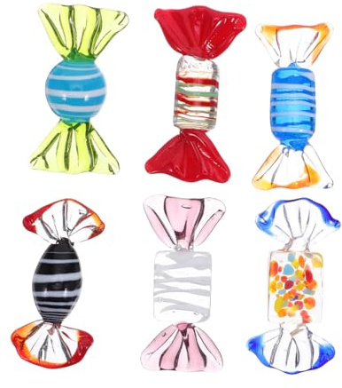 DEARMAMY 6er Set Bunte Muranoglas Bonbons – Mundgeblasene Glasornamente, Handgefertigte Glasfiguren als Tischdeko, Weihnachtsbaumschmuck & Puppenhaus Zubehör, Dekorative Glas-Süßigkeiten