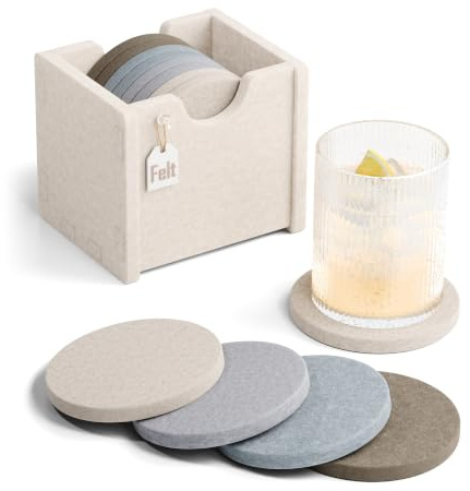 Fluxynara Felt Drink Coasters with Holder, Round, Set of 8, River Pebble