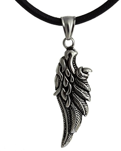 DonDon Collier Homme, 50 cm, et Pendentif Cuir avec ails en Acier Inoxydable dans Une Pochette en Velours