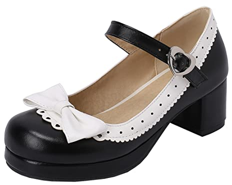 MISSUIT Damen Mary Jane Pumps mit Blockabsatz und Schleife 5cm Absatz Geschlossen Rockabilly Schuhe(Schwarz,39