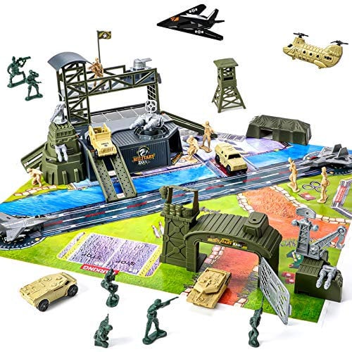 47-Piece Military Base Set - Army Men Playset with Vehicles, Accessories, Soldier Figures, Mini Army Toy Tank, Warplane, Helicopter - Plastic Christmas Toys for Kids Boys