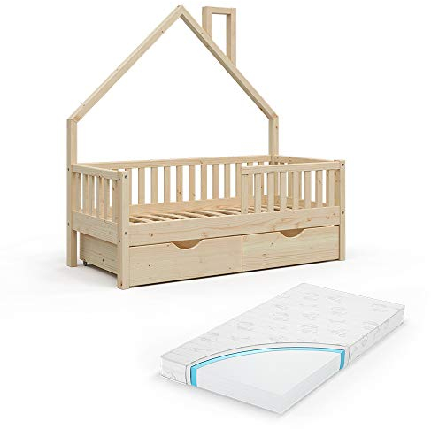 VitaliSpa Hausbett Noemi, Naturholz, 70x140 cm mit 2 Schubladen und Matratze