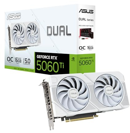 ASUS Dual GeForce RTX 5060 Ti 16GB OC Edition GDDR7 White Gaming Grafikkarte (Nvidia Blackwell FP4 und DLSS 4, 2,5-Slot, PCIE 5.0, 1x HDMI 2.1b, 3X DisplayPort 2.1b, Weiß, DUAL-RTX5060TI-O16G-WHITE)