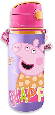 Peppa Pig Trinkflasche Alu 600ml, Hochwertige Alu-Trinkflasche mit Push-Pull-System und Verschlusskappe, KL85948, Kids Licensing, Bunt