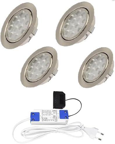 Rolux 4er Set LED Einbaustrahler Edelstahl gebürstet 15mm flach 3W warmweiß 3200K 200lm 12V inkl. 15W LED Trafo 230V und 1,8m Kabel je Leuchte für Wohnzimmer, Küche und Bad
