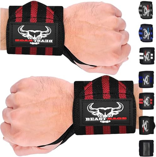 BEAST RAGE Handgelenk Bandagen (Gym Wrist Wraps) Kraftsport Handgelenkstütze Gelenkbandage Schlaufen Krafttraining Workouts Übungen (schwarz/rot)
