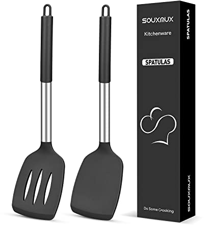 2 Pcs Silicone Spatulas Turners, Solid and Slotted Spatula Set, Non-Stick BPA Free High Heat Resistant Handy Kitchen Utensils for Cooking, Grill, Flipping Eggs, Fish, Pancake(Black)
