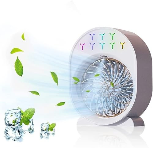Climatiseur Mobile,Wisada Refroidisseur d'Air USB,Ventilateur, Humidificateur,Climatiseur Portable avec 180ML Réservoir d'eau,3 Vitesses,Minuterie 3/6 H,Climatiseur Personnel avec Veilleuses Colorées