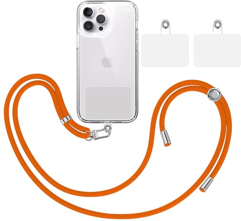 TBOC Pack: Cordon Universel pour Mobile [Orange] + 2 Patchs de Fixation Supplémentaires et Sangle de Suspension Amovible Réglable et Résistante Compatible avec Toutes les Marques de Téléphone