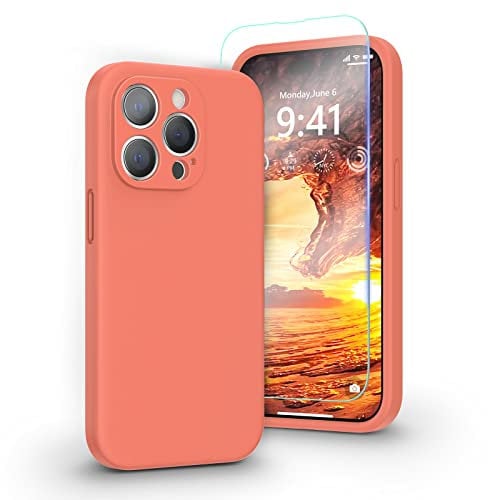 pcgaga Liquid Silicone Case for iPhone 14 Pro Max with Screen Protector [Camera Protection] [Microfiber Lining] Slim Shockproof Protective Phone Cover, 6.7 Inch, Kumquat Orange