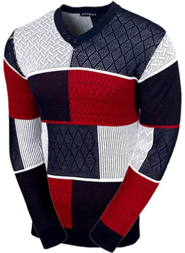Baxboy Herren Pullover Slim Fit V-Neck Strick-Pullover Rundkragen Moderner Männer schwarzer Pulli Longsleeve in Feinstrick Sweatshirt BB-52301