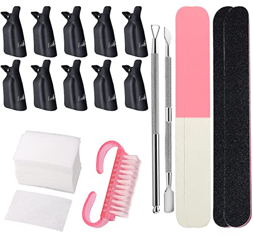 Gel Nail Polish Remover Tools Kit, VEGCOO 10 Pcs Nail Polish Remover Clips, 4 Nail Files, 200 Pcs Nail Wipe Cotton Pads, 2 Cuticle Pusher & a Nail Brush for Gel Manicure Nail Polish Removing (Black)