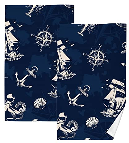 YOUJUNER Handtuch-Set 2er-Pack Marine-Anker-Segelboot 100% Baumwolle Handtücher Weich Saugstark Baumwolle Duschtücher Gästetücher Dekor Handtücher