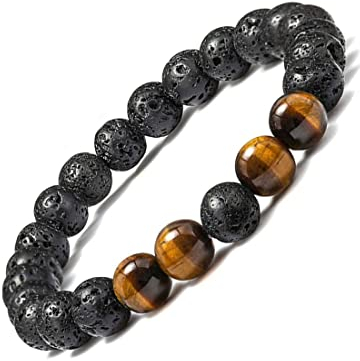 Raitown Armband Herren 8mm Vulkanstein Tiger Eye Türkis Runde Perlen Glück Geschenkidee Schmuck Schachtel (Yellow)