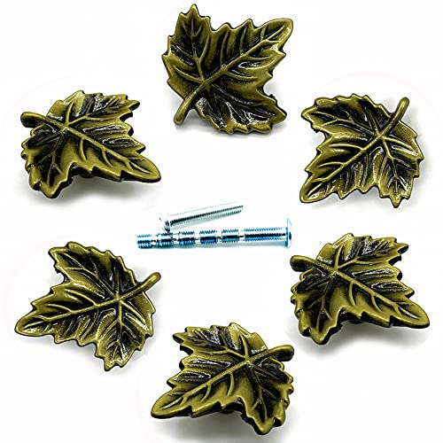 YOUYOUULU 6 Stück einzigartige goldfarbene Laub-Schubladenknöpfe, stabile Metall-Blattform, goldener Schrankknauf, antike Kommodenmöbel-Dekorgriffe (Bronze)