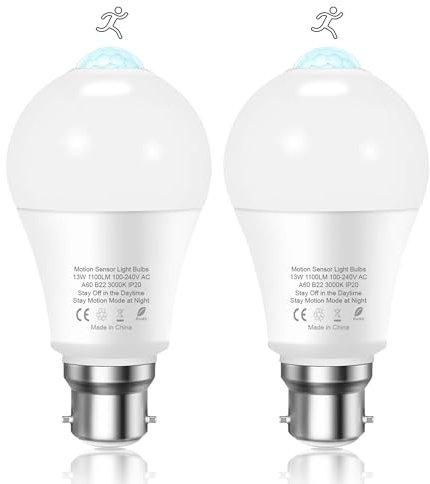Torkase PIR Motion Sensor Light Bulb, 13W B22 Bayonet Security Light Bulbs, 3000K Warm White Infrared Lamp, Auto On/Off Motion Sensor Lights Indoor Outdoor Bulbs for Garage, Bathroom, Hallway, 2 Pack