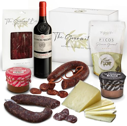 GOURMET BOX | Präsentkorb Spanische Spezialitäten – Tapas | Gourmet Geschenk | Geschenkkorb – Schinken & Salchichon & Chorizo | Spanische Delikatessen | Geschenk für Männer & Frauen | Fresskorb |