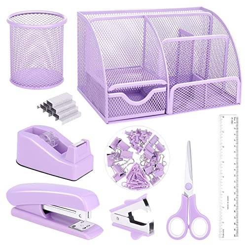 Violetter Schreibtisch-Organizer und Zubehör, Bürobedarf, 7 Fächer, Schreibtisch-Organizer mit Hefter, Klebebandspender, 1000 Heftklammern, Stifthalter, Klammerentferner, Clips, Lineal, Schere