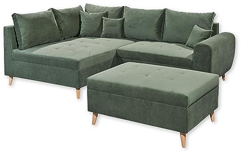 Stella Trading CALANDA Ecksofa mit Hocker, Stoffbezug Moosgrün - Moderne Eckcouch mit Kissen & Massivholz Füßen - 249 x 94 x 175 cm (B/H/T)