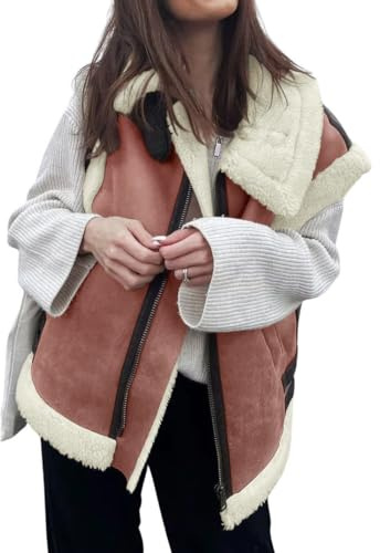 loveimgs Chaleco de invierno de piel de oveja cálida para mujer, con cremallera, sin mangas, con bolsillos