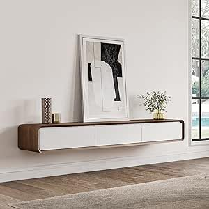 POVISON Meuble TV Suspendu 160cm, Meuble TV Flottant avec Rangement 3 Tiroirs, Table TV Bois et Blanc, Entièrement Assemblé, 160 * 37 * 25CM