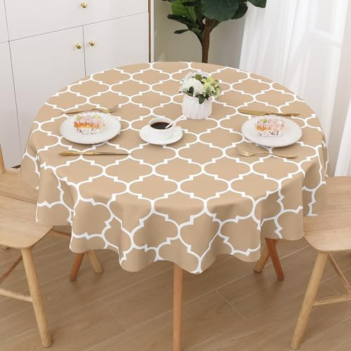 smiry Tischdecke Abwaschbar Rund 140cm Tischtuch Polyester Wasserabweisend Lotuseffekt Marokkanisch Tischwäsche Schmutzabweisend Abwischbare Tafeldecke für Outdoor Party Küche,Khaki