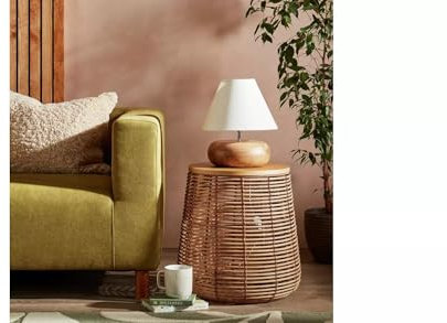 Pebble Mango Wood Table Lamp Renowned for Its Prominent Grain and Light and Dark Ttones On Top of The Minimal Metal Stem Sits A Perfectly Proportioned White Cotton Shade - Natural and White