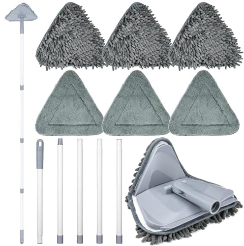 Onlyesh Mopa Triangular Giratoria 360º, Mopa para Limpiar Paredes con Mango Largo Mopa Giratoria con 6 Cabezales Intercambiables, Mopa 3 en 1 para Suelos Ventanas Azulejos Esquinas