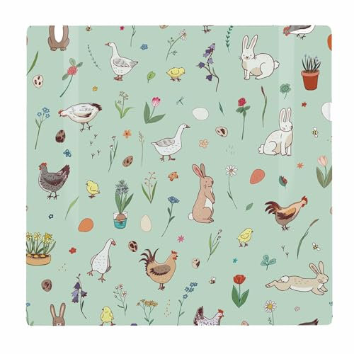 Easter Animals Large Square Glass Worktop Protector - Spring Animals & Flowers Easter Gift - Smooth Board Kitchen Chopping/Cutting Board Worktop Saver with Non-Slip Feet 30cm x 30cm (12 x 12)