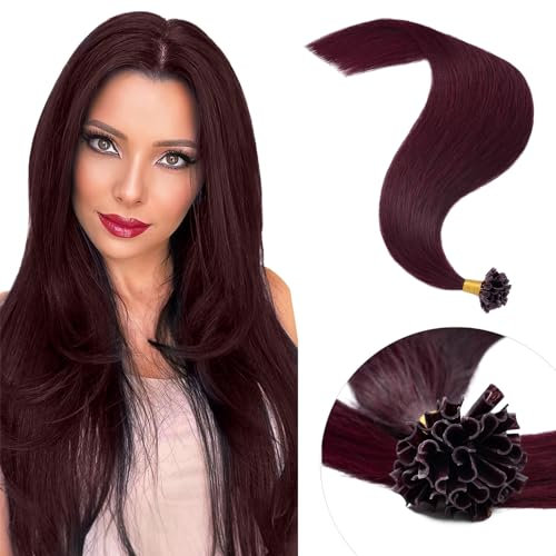 Elailite Pre Bonded Hair Extensions 1g 50 Strands - 100% Real Remy Human Hair Straight U Tip Keratin Extension (#99J Wine Red, 20 inches)