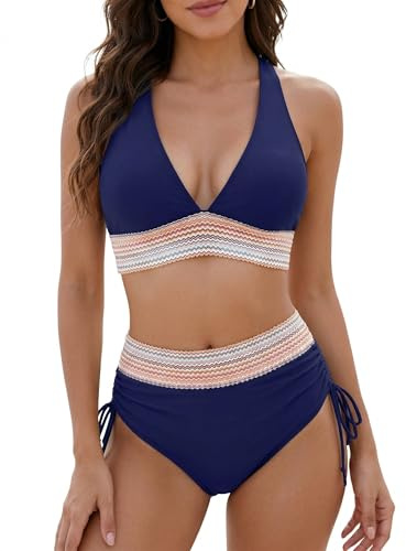 Hicodbek Bikini Damen Set Sexy Badeanzug Bademode Hohe Taille Farbblock Zweiteiliger Kordelzug Badeanzüge Bikinis für Frauen (DE/NL/SE/PL, Alphanumerisch, XL, Regular, Regular, Marineblau)