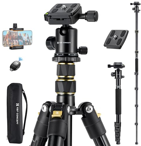Treppiede Fotocamera 184cm, K&F Concept Treppiede Monopiede, Capacità di carico 10kg, con Testa a Sfera 360° e Arca-Swiss, Clip per Telefono, Telecomando Bluetooth, 2 Palette a sgancio rapido per DSLR