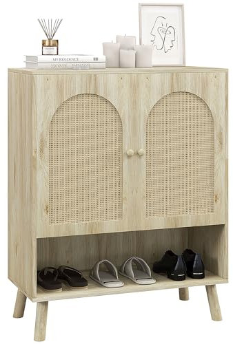 HOMCOM Eingangs- und Wohnzimmermöbel im Boho-Stil, Mehrzweckschrank mit Rattan-Türen und offenem Regal, 80x38x100cm, Eiche