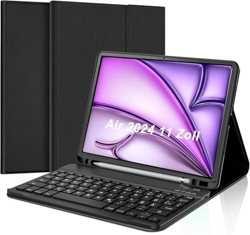 Hofsos Hülle mit Tastatur für iPad Air 11 Zoll 2025 2024 M3 M2/iPad Air 5 4 2022 2020 10,9 Zoll, Hülle mit Abnehmbare Tastatur, TPU Rückschale mit Stifthalter, QWERTZ Layout, Schwarz