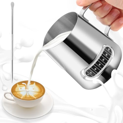 TNOMSNO Milchkännchen 350 ml, Edelstahl Aufschäumkännchen mit Thermometer Milk Pitcher mit Einer Räumnadel, Milch Aufschäumen für Cappuccino und Latte Art