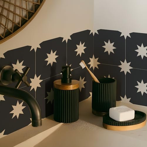 Alwayspon Tile Sticker, Black White Floral Self Adhesive Stick on Tiles Transfer Sticker for Bathroom Kitchen, Splashback, Peel and Stick Vinyl Floor Wall Tiles Sticker, 10PcsX20cm/8inch