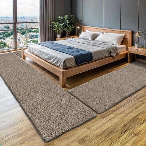 MY-RUG Bettumrandung Schlafzimmer 3teilig Teppich Beige - 2mal 140x70 und 1mal 250x80cm - Bettvorleger rutschfest Läufer Hochflor Deko