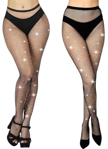 Aomig Collant Résille Femme, Bas Résille à Strass Collant, Strass Mesh Pantalon Serré Collant, Collants Étincelants Taille Haute Rhinestone Collant Pantythose pour Fêtes Halloween-Noir