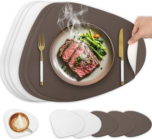 Tischsets und Untersetzer 6er Set,Platzsets Abwaschbar und Doppelseitigen rutschfest Platzdeckchen,Tischset Leder Kunstleder,Platzset Lederoptik,Platzdeckchen wasserdicht(Oval,Dunkelbraun/weiß)