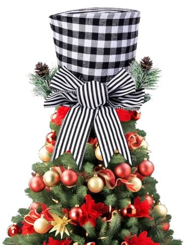 JOYWU Christmas Tree Topper Hat,25 x 20cm Stripes Plaid Xmas Tree Top Hat with Christmas Ornaments and Bows,Collapsible Red White Stripe Tree Topper Decoration,Christmas Tree Ornaments (black)