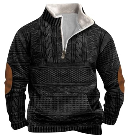 2024 Herren-Sweatshirt, Winter, warm, lockeres Oberteil, Hemd, lässig, modisch, Retro, gewebtes Muster, bedruckt, Reißverschluss, langärmelig, Sweatshirt mit Kragen, Wollpullover für Herren